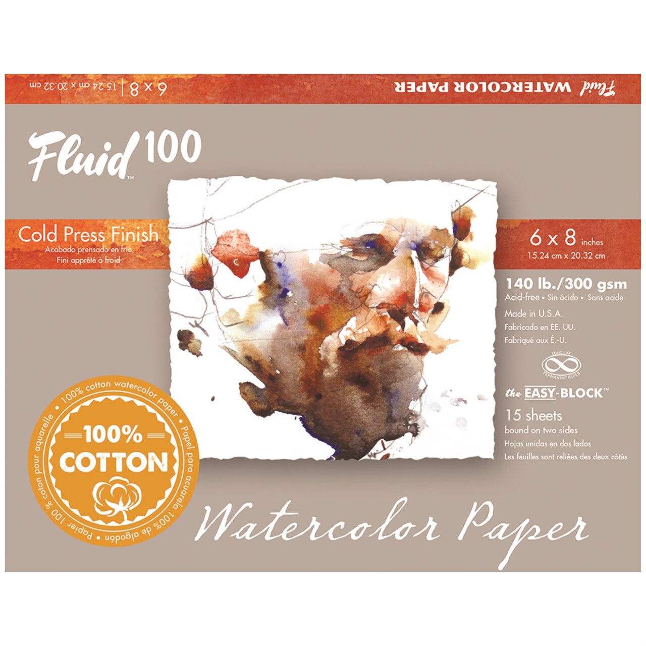 Fluid 100 Artist Watercolor Block, 140 lb (300 GSM) 100% Cotton Cold Press Pad for Watercolor Painting and Wet Media w/ Easy Block Binding, 6 x 8 inches, 15 Sheets